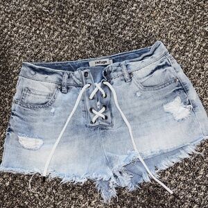 refuge Light Blue Lace-Up Distressed Denim Shorts